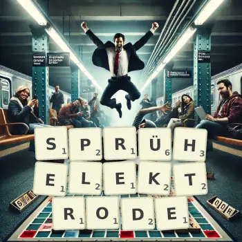 Kreative Illustration für ein Scrabble-Spiel, bei dem das Wort SPRÜHELEKTRODE mit Steinen auf dem Brett gelegt wurde.