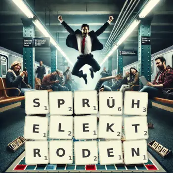 Kreative Illustration für ein Scrabble-Spiel, bei dem das Wort SPRÜHELEKTRODEN mit Steinen auf dem Brett gelegt wurde.