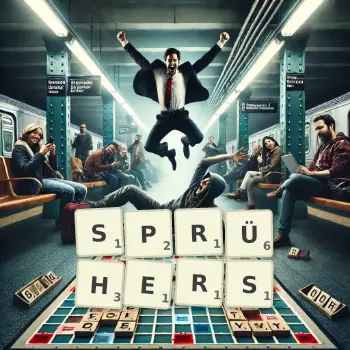 Kreative Illustration für ein Scrabble-Spiel, bei dem das Wort SPRÜHERS mit Steinen auf dem Brett gelegt wurde.