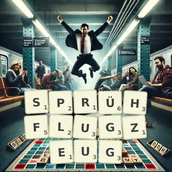 Kreative Illustration für ein Scrabble-Spiel, bei dem das Wort SPRÜHFLUGZEUG mit Steinen auf dem Brett gelegt wurde.