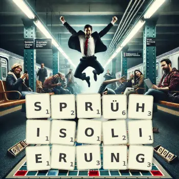 Kreative Illustration für ein Scrabble-Spiel, bei dem das Wort SPRÜHISOLIERUNG mit Steinen auf dem Brett gelegt wurde.