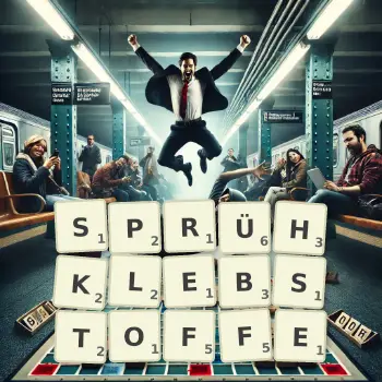 Kreative Illustration für ein Scrabble-Spiel, bei dem das Wort SPRÜHKLEBSTOFFE mit Steinen auf dem Brett gelegt wurde.