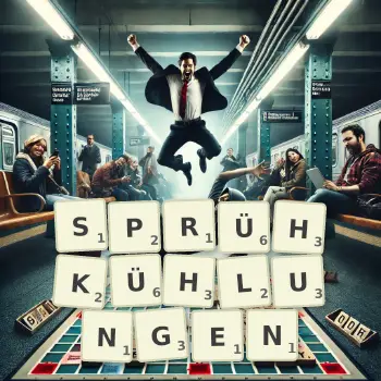 Kreative Illustration für ein Scrabble-Spiel, bei dem das Wort SPRÜHKÜHLUNGEN mit Steinen auf dem Brett gelegt wurde.