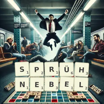 Kreative Illustration für ein Scrabble-Spiel, bei dem das Wort SPRÜHNEBEL mit Steinen auf dem Brett gelegt wurde.