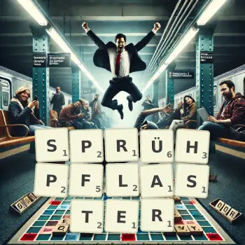 Kreative Illustration für ein Scrabble-Spiel, bei dem das Wort SPRÜHPFLASTER mit Steinen auf dem Brett gelegt wurde.