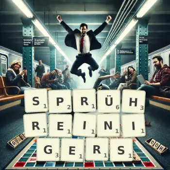 Kreative Illustration für ein Scrabble-Spiel, bei dem das Wort SPRÜHREINIGERS mit Steinen auf dem Brett gelegt wurde.