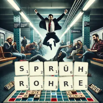 Kreative Illustration für ein Scrabble-Spiel, bei dem das Wort SPRÜHROHRE mit Steinen auf dem Brett gelegt wurde.