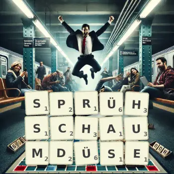 Kreative Illustration für ein Scrabble-Spiel, bei dem das Wort SPRÜHSCHAUMDÜSE mit Steinen auf dem Brett gelegt wurde.