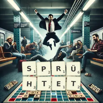 Kreative Illustration für ein Scrabble-Spiel, bei dem das Wort SPRÜHTET mit Steinen auf dem Brett gelegt wurde.