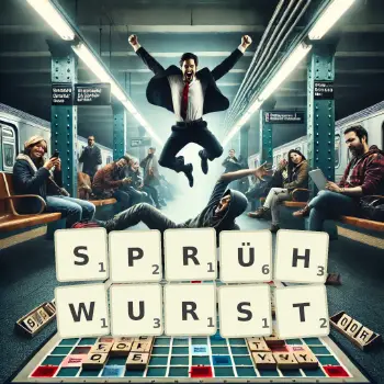 Kreative Illustration für ein Scrabble-Spiel, bei dem das Wort SPRÜHWURST mit Steinen auf dem Brett gelegt wurde.