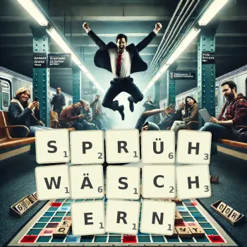 Kreative Illustration für ein Scrabble-Spiel, bei dem das Wort SPRÜHWÄSCHERN mit Steinen auf dem Brett gelegt wurde.