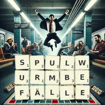 Kreative Illustration für ein Scrabble-Spiel, bei dem das Wort SPULWURMBEFÄLLE mit Steinen auf dem Brett gelegt wurde.