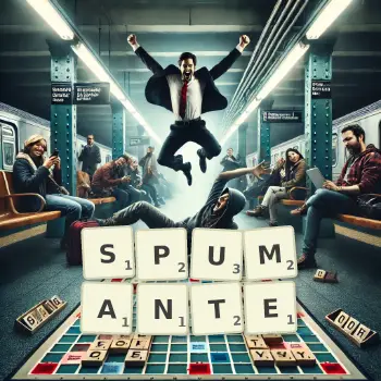 Kreative Illustration für ein Scrabble-Spiel, bei dem das Wort SPUMANTE mit Steinen auf dem Brett gelegt wurde.