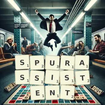 Kreative Illustration für ein Scrabble-Spiel, bei dem das Wort SPURASSISTENT mit Steinen auf dem Brett gelegt wurde.