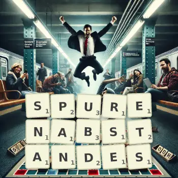 Kreative Illustration für ein Scrabble-Spiel, bei dem das Wort SPURENABSTANDES mit Steinen auf dem Brett gelegt wurde.