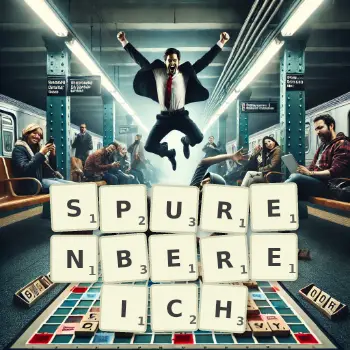 Kreative Illustration für ein Scrabble-Spiel, bei dem das Wort SPURENBEREICH mit Steinen auf dem Brett gelegt wurde.