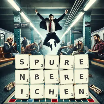 Kreative Illustration für ein Scrabble-Spiel, bei dem das Wort SPURENBEREICHEN mit Steinen auf dem Brett gelegt wurde.
