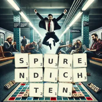 Kreative Illustration für ein Scrabble-Spiel, bei dem das Wort SPURENDICHTEN mit Steinen auf dem Brett gelegt wurde.