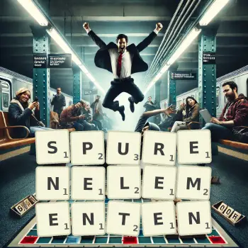 Kreative Illustration für ein Scrabble-Spiel, bei dem das Wort SPURENELEMENTEN mit Steinen auf dem Brett gelegt wurde.