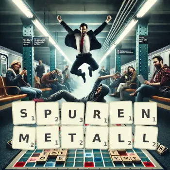 Kreative Illustration für ein Scrabble-Spiel, bei dem das Wort SPURENMETALL mit Steinen auf dem Brett gelegt wurde.