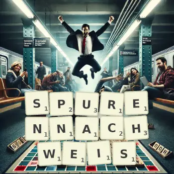 Kreative Illustration für ein Scrabble-Spiel, bei dem das Wort SPURENNACHWEIS mit Steinen auf dem Brett gelegt wurde.