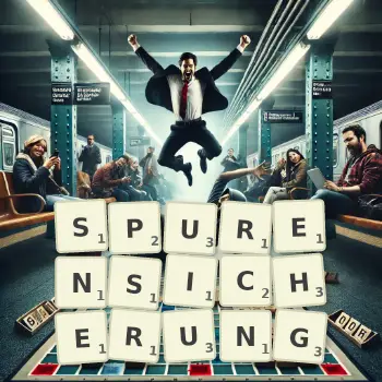 Kreative Illustration für ein Scrabble-Spiel, bei dem das Wort SPURENSICHERUNG mit Steinen auf dem Brett gelegt wurde.