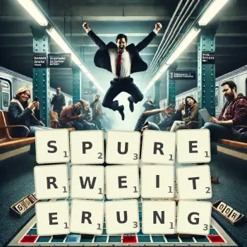 Kreative Illustration für ein Scrabble-Spiel, bei dem das Wort SPURERWEITERUNG mit Steinen auf dem Brett gelegt wurde.