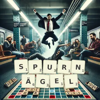 Kreative Illustration für ein Scrabble-Spiel, bei dem das Wort SPURNÄGEL mit Steinen auf dem Brett gelegt wurde.