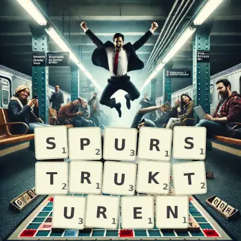 Kreative Illustration für ein Scrabble-Spiel, bei dem das Wort SPURSTRUKTUREN mit Steinen auf dem Brett gelegt wurde.