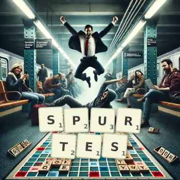 Kreative Illustration für ein Scrabble-Spiel, bei dem das Wort SPURTES mit Steinen auf dem Brett gelegt wurde.