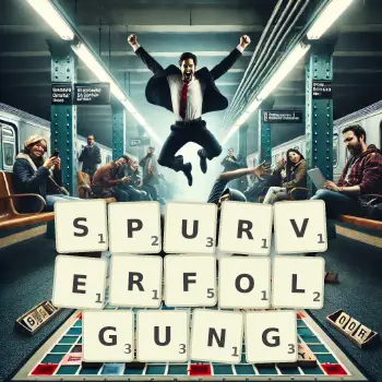 Kreative Illustration für ein Scrabble-Spiel, bei dem das Wort SPURVERFOLGUNG mit Steinen auf dem Brett gelegt wurde.