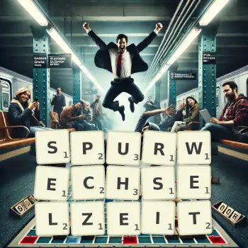 Kreative Illustration für ein Scrabble-Spiel, bei dem das Wort SPURWECHSELZEIT mit Steinen auf dem Brett gelegt wurde.