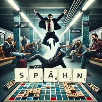 Kreative Illustration für ein Scrabble-Spiel, bei dem das Wort SPÄHN mit Steinen auf dem Brett gelegt wurde.