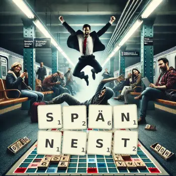 Kreative Illustration für ein Scrabble-Spiel, bei dem das Wort SPÄNNEST mit Steinen auf dem Brett gelegt wurde.