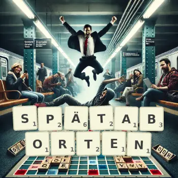 Kreative Illustration für ein Scrabble-Spiel, bei dem das Wort SPÄTABORTEN mit Steinen auf dem Brett gelegt wurde.