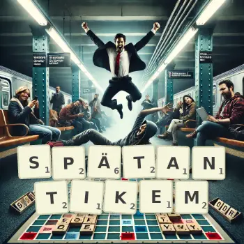 Kreative Illustration für ein Scrabble-Spiel, bei dem das Wort SPÄTANTIKEM mit Steinen auf dem Brett gelegt wurde.