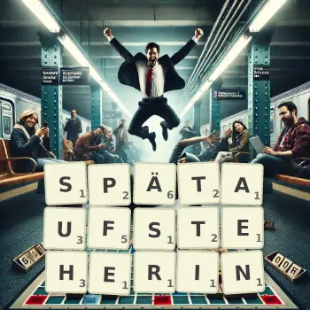 Kreative Illustration für ein Scrabble-Spiel, bei dem das Wort SPÄTAUFSTEHERIN mit Steinen auf dem Brett gelegt wurde.
