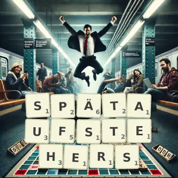 Kreative Illustration für ein Scrabble-Spiel, bei dem das Wort SPÄTAUFSTEHERS mit Steinen auf dem Brett gelegt wurde.