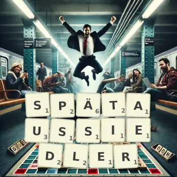 Kreative Illustration für ein Scrabble-Spiel, bei dem das Wort SPÄTAUSSIEDLER mit Steinen auf dem Brett gelegt wurde.