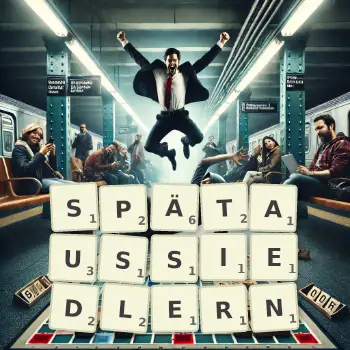 Kreative Illustration für ein Scrabble-Spiel, bei dem das Wort SPÄTAUSSIEDLERN mit Steinen auf dem Brett gelegt wurde.