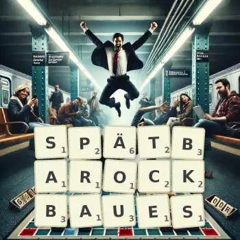 Kreative Illustration für ein Scrabble-Spiel, bei dem das Wort SPÄTBAROCKBAUES mit Steinen auf dem Brett gelegt wurde.