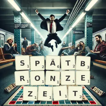 Kreative Illustration für ein Scrabble-Spiel, bei dem das Wort SPÄTBRONZEZEIT mit Steinen auf dem Brett gelegt wurde.