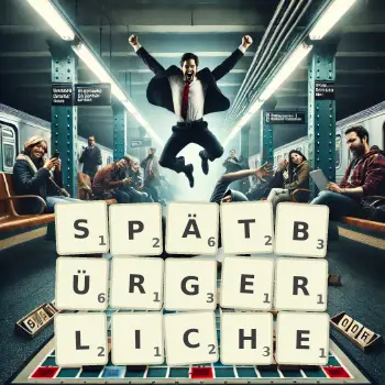 Kreative Illustration für ein Scrabble-Spiel, bei dem das Wort SPÄTBÜRGERLICHE mit Steinen auf dem Brett gelegt wurde.