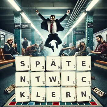 Kreative Illustration für ein Scrabble-Spiel, bei dem das Wort SPÄTENTWICKLERN mit Steinen auf dem Brett gelegt wurde.