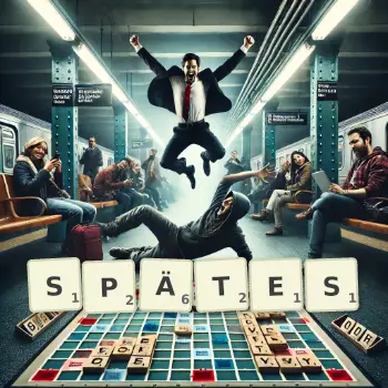 Kreative Illustration für ein Scrabble-Spiel, bei dem das Wort SPÄTES mit Steinen auf dem Brett gelegt wurde.