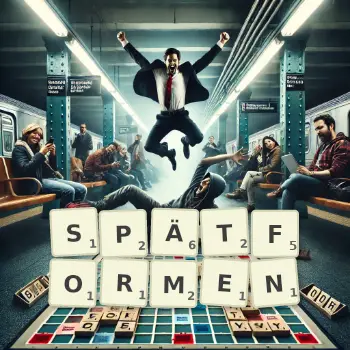 Kreative Illustration für ein Scrabble-Spiel, bei dem das Wort SPÄTFORMEN mit Steinen auf dem Brett gelegt wurde.