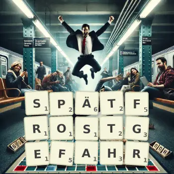 Kreative Illustration für ein Scrabble-Spiel, bei dem das Wort SPÄTFROSTGEFAHR mit Steinen auf dem Brett gelegt wurde.
