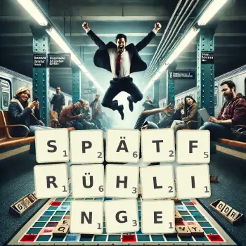 Kreative Illustration für ein Scrabble-Spiel, bei dem das Wort SPÄTFRÜHLINGE mit Steinen auf dem Brett gelegt wurde.
