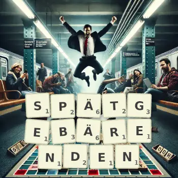 Kreative Illustration für ein Scrabble-Spiel, bei dem das Wort SPÄTGEBÄRENDEN mit Steinen auf dem Brett gelegt wurde.