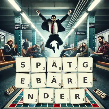 Kreative Illustration für ein Scrabble-Spiel, bei dem das Wort SPÄTGEBÄRENDER mit Steinen auf dem Brett gelegt wurde.